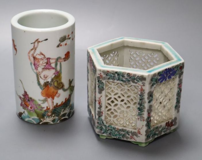 A Chinese enamelled porcelain spill vase, 12cm, and an hexagonal Chinese porcelain vase, 10cm diameter